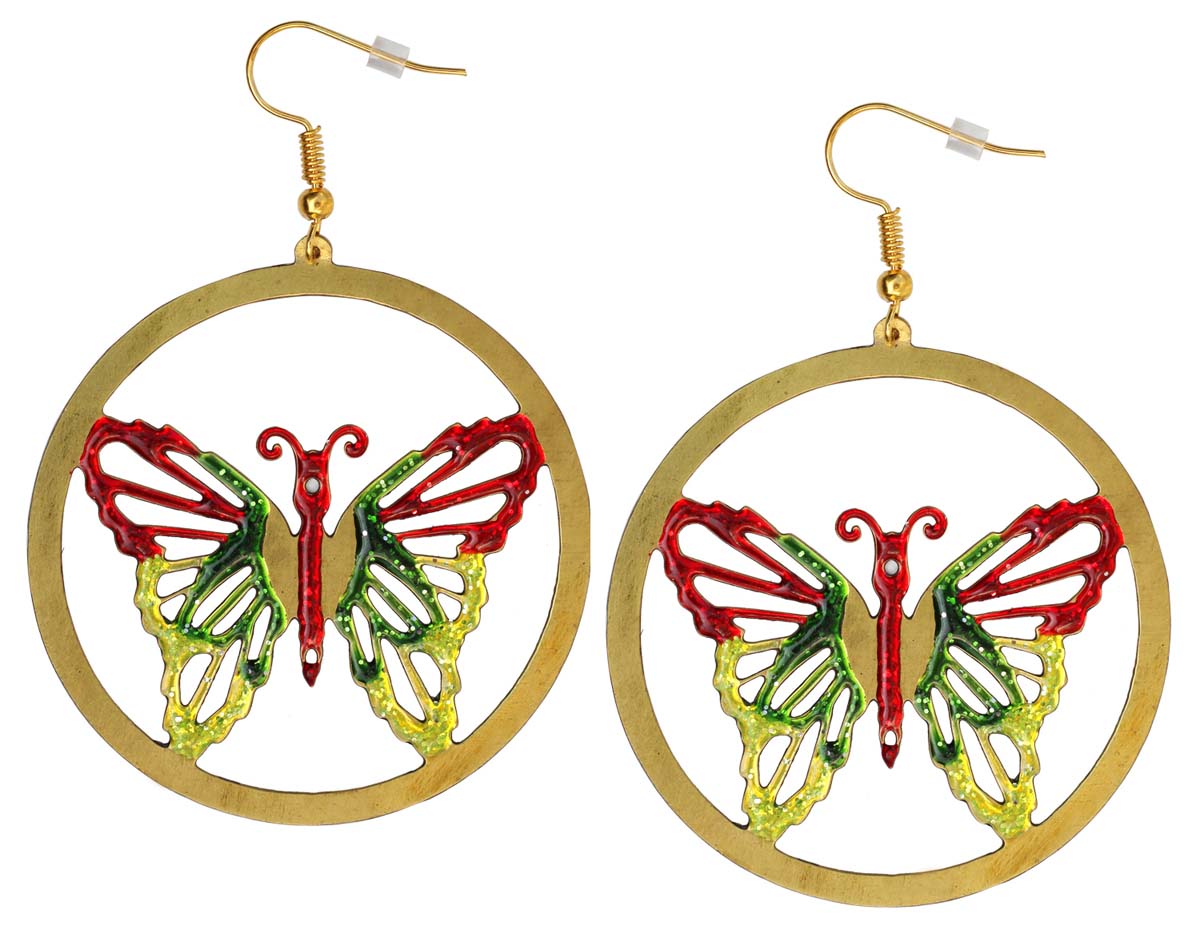 2.5” Butterfly Brass Hook Earrings with Colorful Pattern - Drop Earrings / Accessories for Her 2.5” Butterfly Brass Hook Earrings with Colorful Enameled Pattern - Drop Earrings / Accessories for Her - Buy in Bulk Wholesale